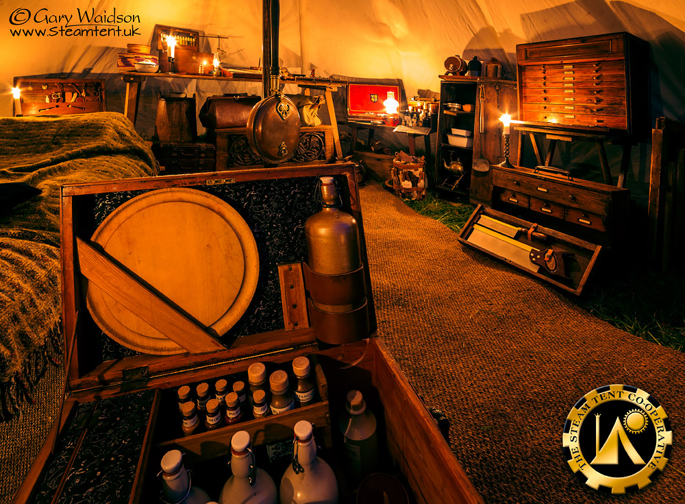 a larger, more complex Bell tent interior. The Steam Tent Co-operative. © Gary Waidson - www.Nemo.me.uk